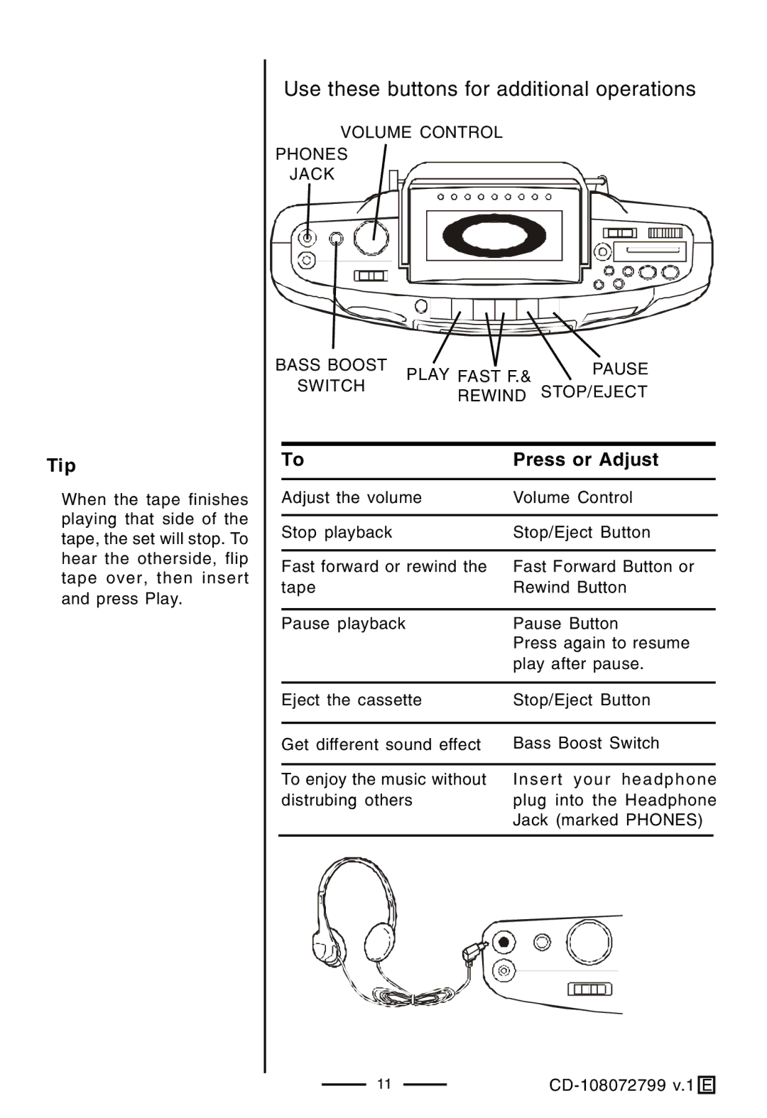 Lenoxx Electronics CD-108 operating instructions Press or Adjust 