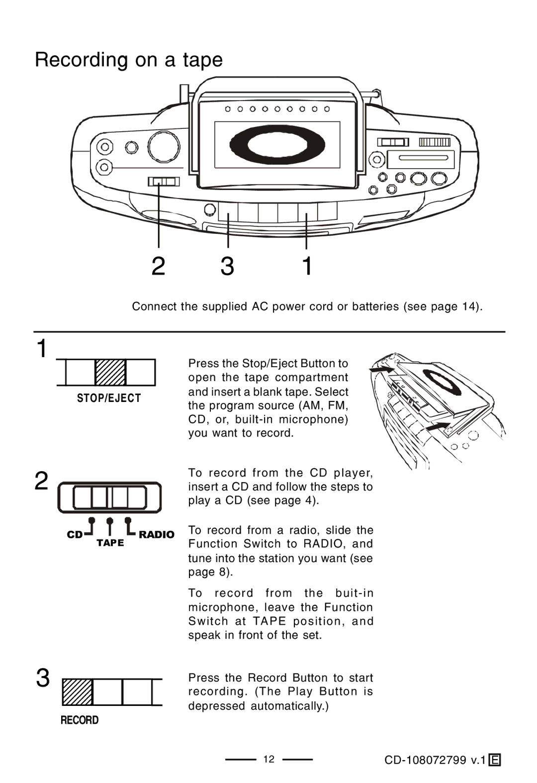 Lenoxx Electronics CD-108 operating instructions Recording on a tape 