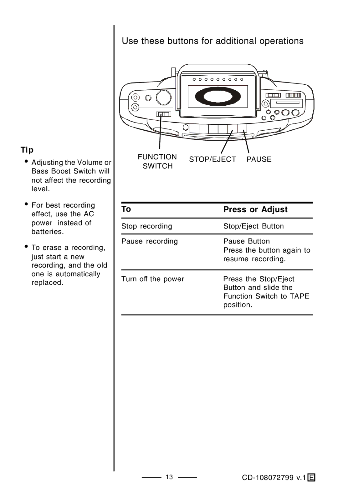 Lenoxx Electronics CD-108 operating instructions Function STOP/EJECT Pause Switch 