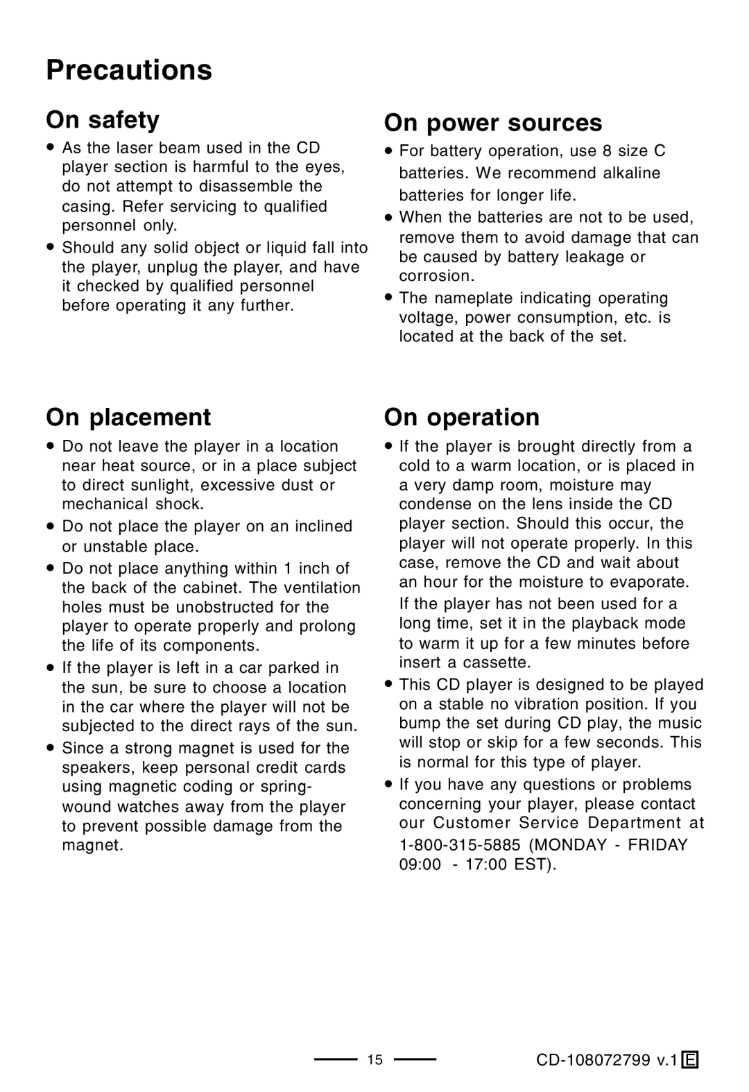 Lenoxx Electronics CD-108 operating instructions Precautions, On safety, On power sources, On placement, On operation 