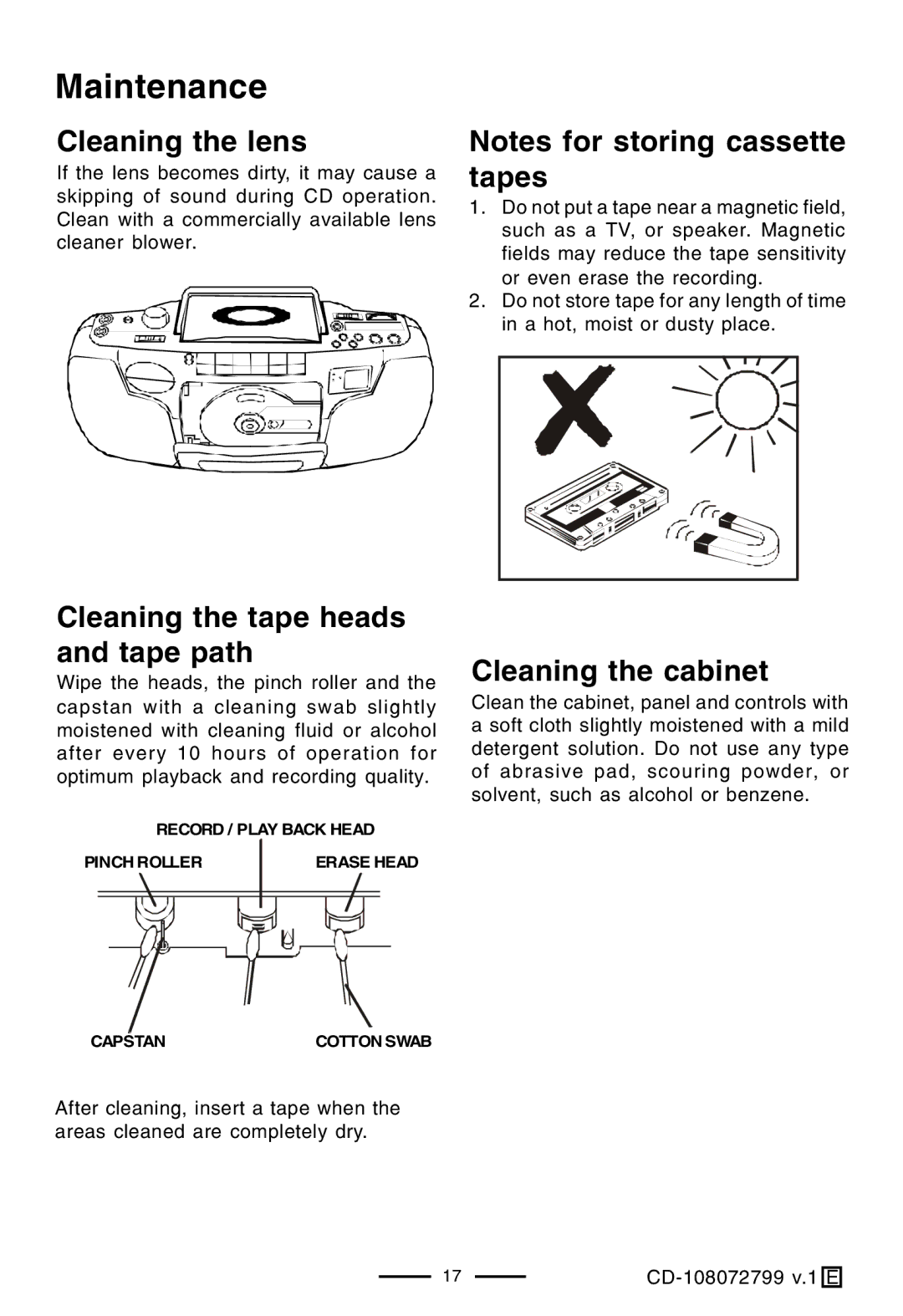 Lenoxx Electronics CD-108 Maintenance, Cleaning the lens, Cleaning the tape heads and tape path, Cleaning the cabinet 