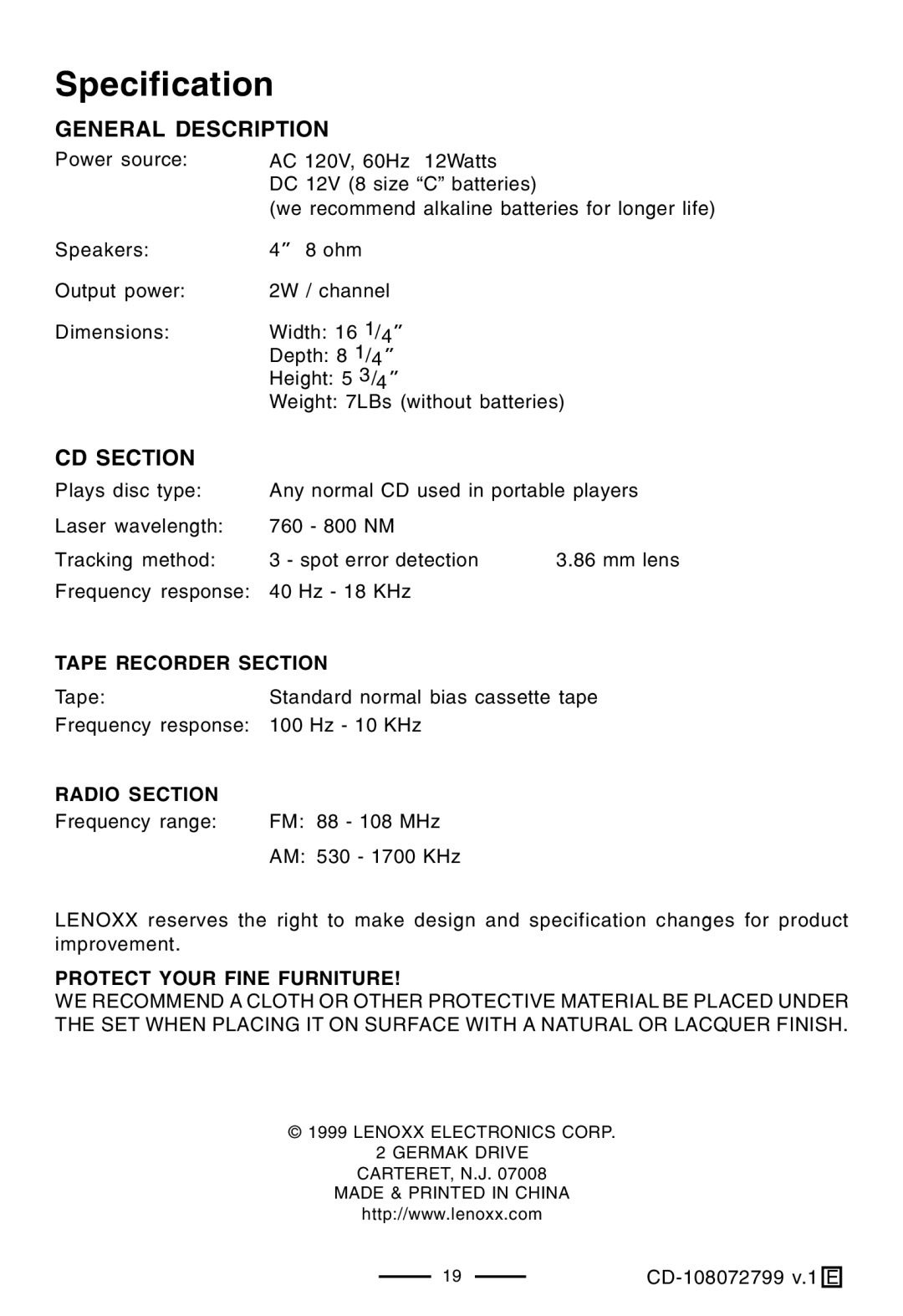 Lenoxx Electronics CD-108 operating instructions Specification, Tape Recorder Section, Radio Section 