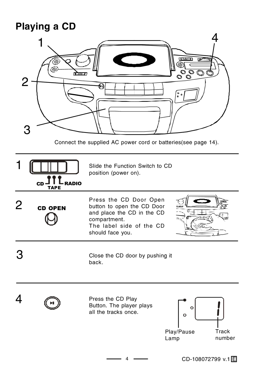 Lenoxx Electronics CD-108 operating instructions Playing a CD, CD Open 