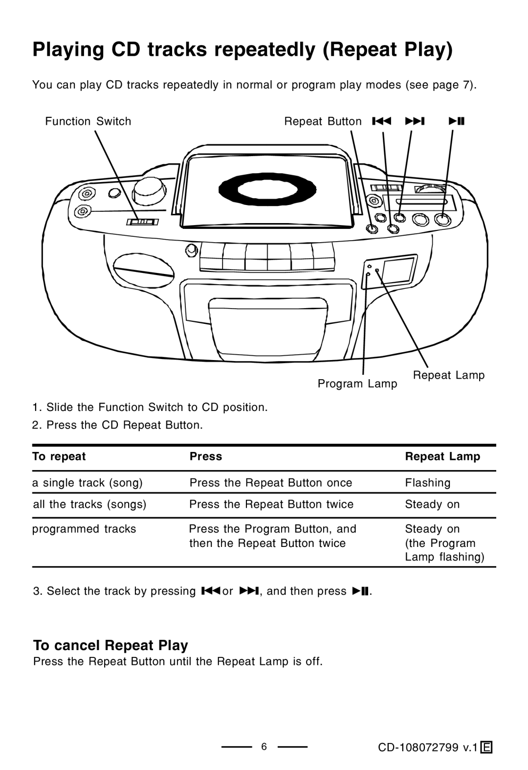 Lenoxx Electronics CD-108 operating instructions Playing CD tracks repeatedly Repeat Play 