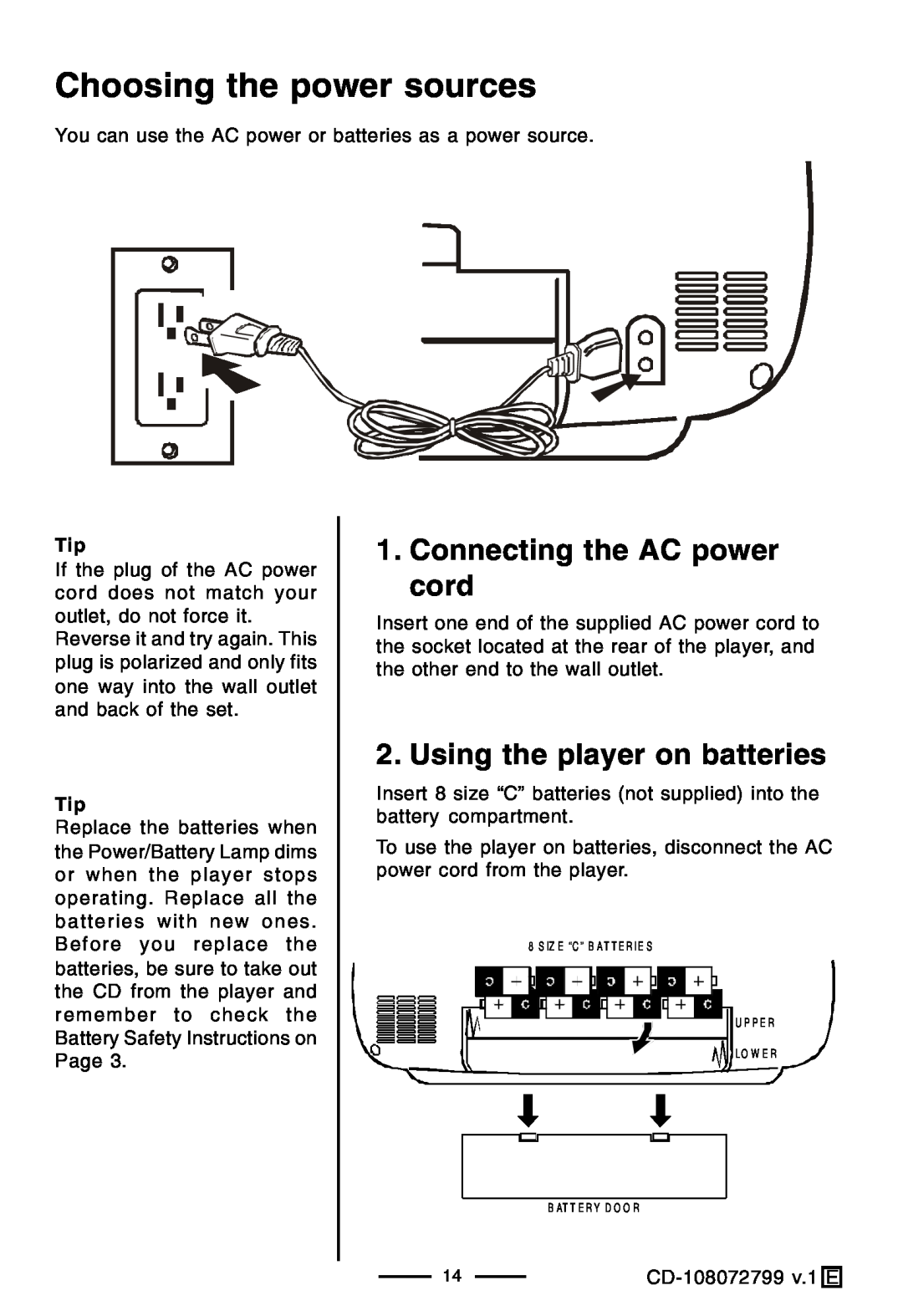 Lenoxx Electronics CD-108 Choosing the power sources, Connecting the AC power cord, Using the player on batteries 
