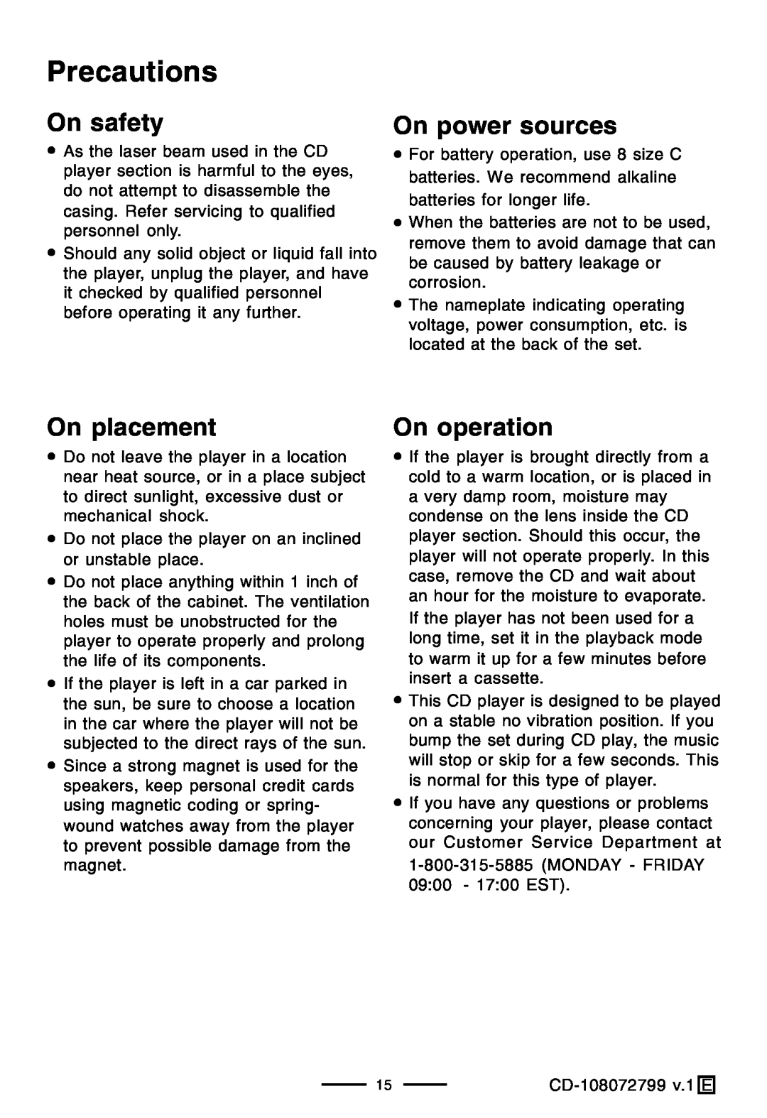 Lenoxx Electronics CD-108 operating instructions Precautions, On safety, On power sources, On placement, On operation 