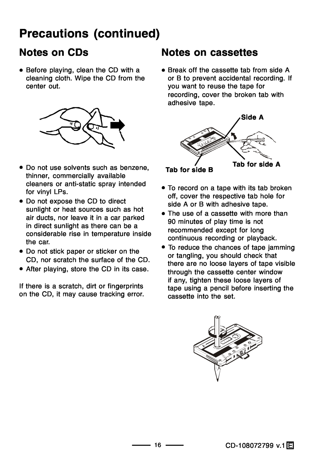 Lenoxx Electronics CD-108 operating instructions Precautions continued, Notes on CDs, Notes on cassettes 