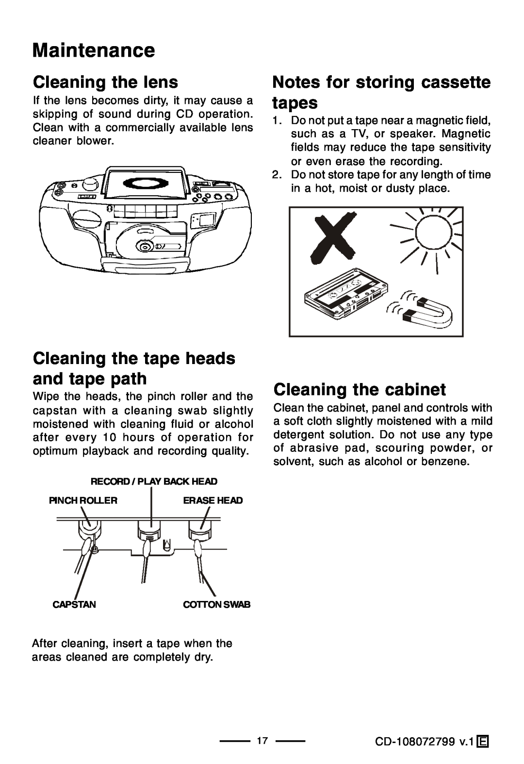 Lenoxx Electronics CD-108 Maintenance, Cleaning the lens, Cleaning the tape heads and tape path, Cleaning the cabinet 