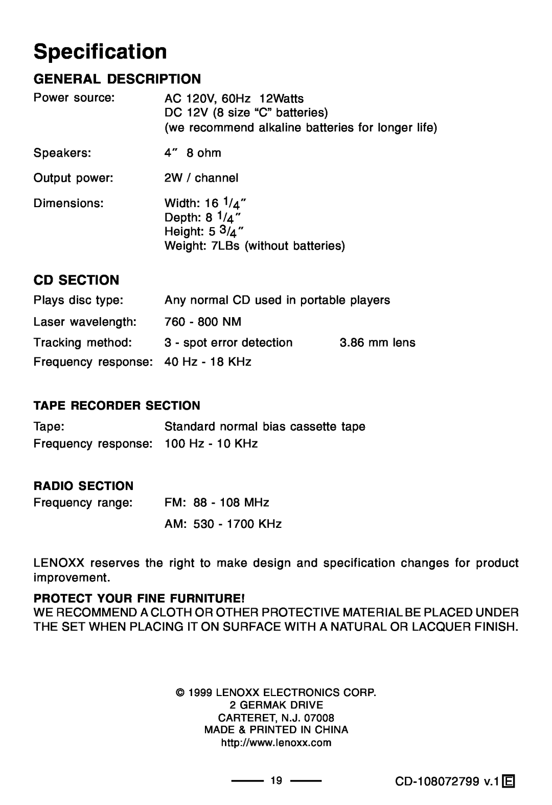 Lenoxx Electronics CD-108 operating instructions Specification, General Description, Cd Section 