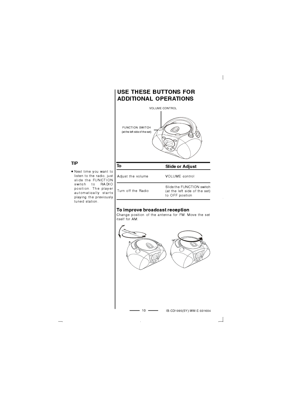 Lenoxx Electronics CD-1095 manual To improve broadcast reception 