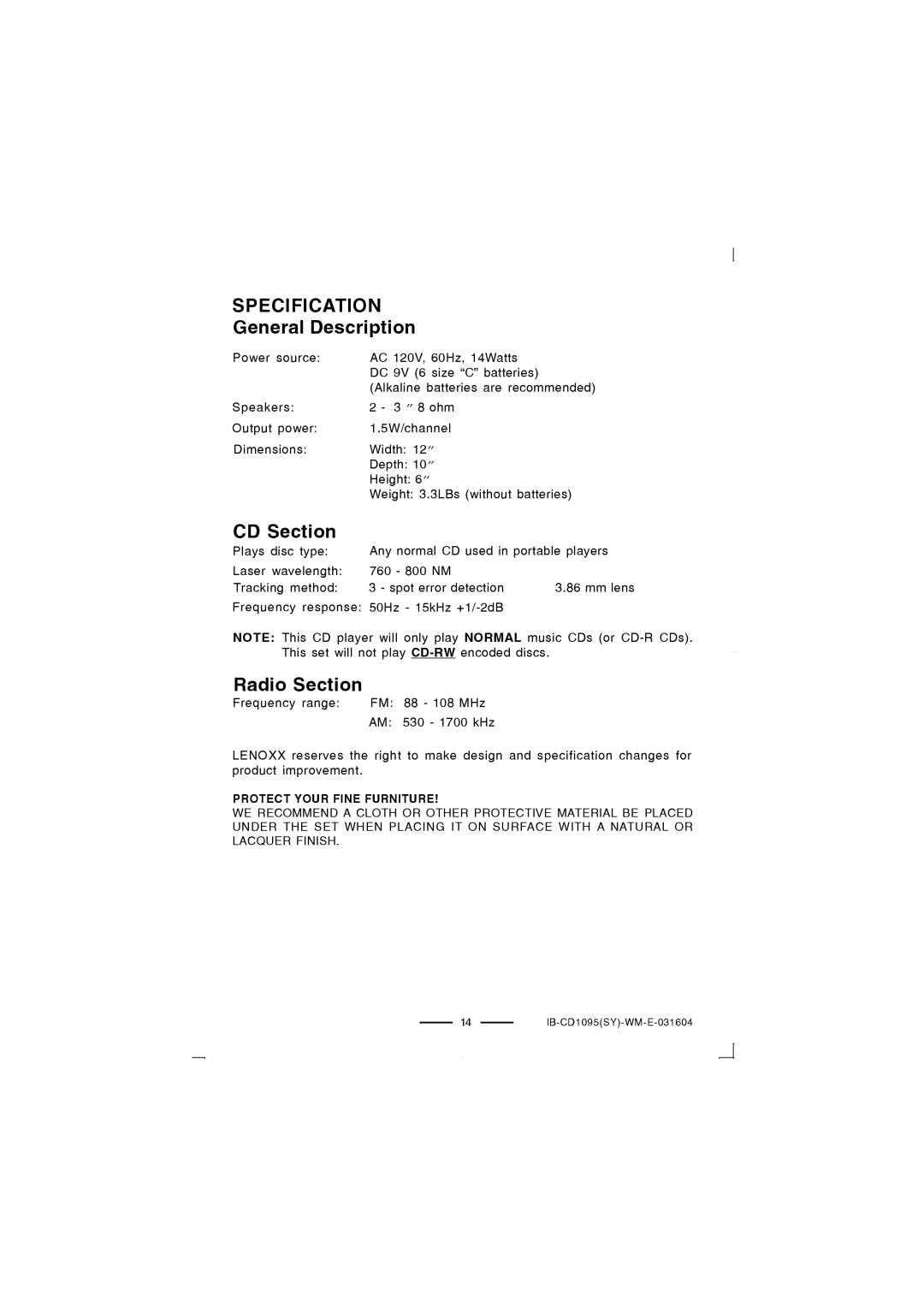 Lenoxx Electronics CD-1095 manual Specification, General Description, CD Section, Radio Section 