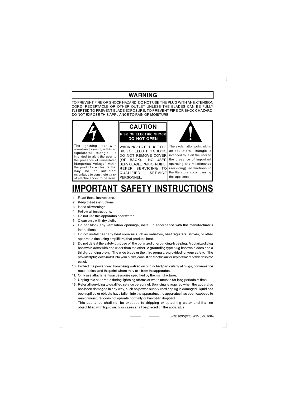 Lenoxx Electronics CD-1095 manual Important Safety Instructions 