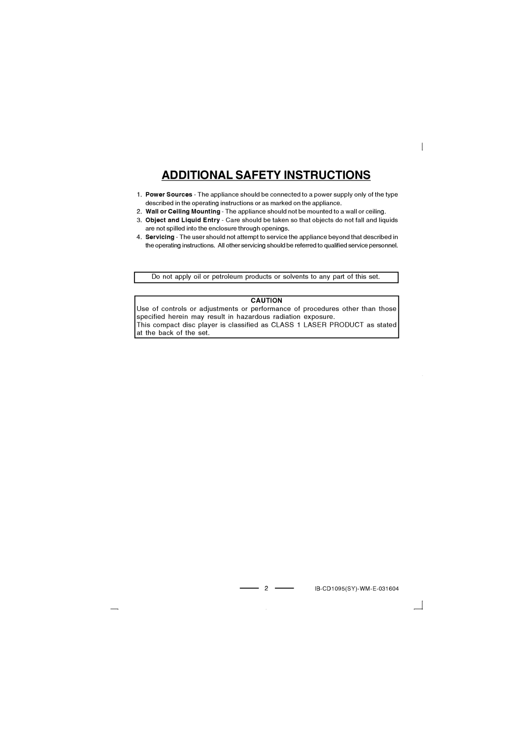 Lenoxx Electronics CD-1095 manual Additional Safety Instructions 