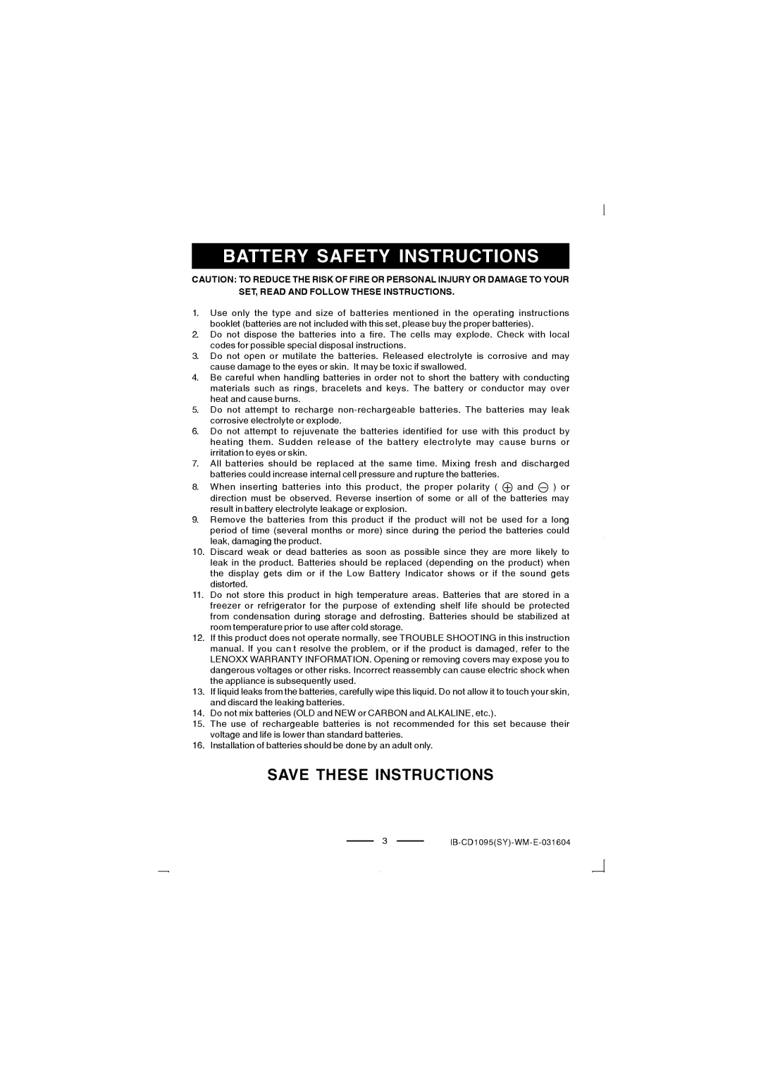 Lenoxx Electronics CD-1095 manual Battery Safety Instructions 