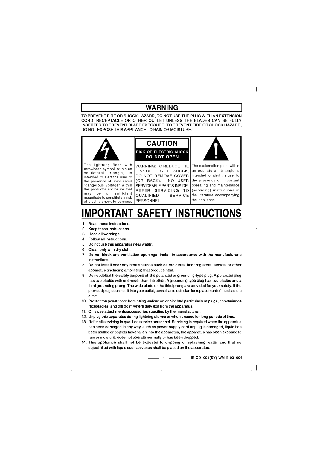 Lenoxx Electronics CD-1095 manual Important Safety Instructions, Do Not Open, Risk Of Electric Shock 