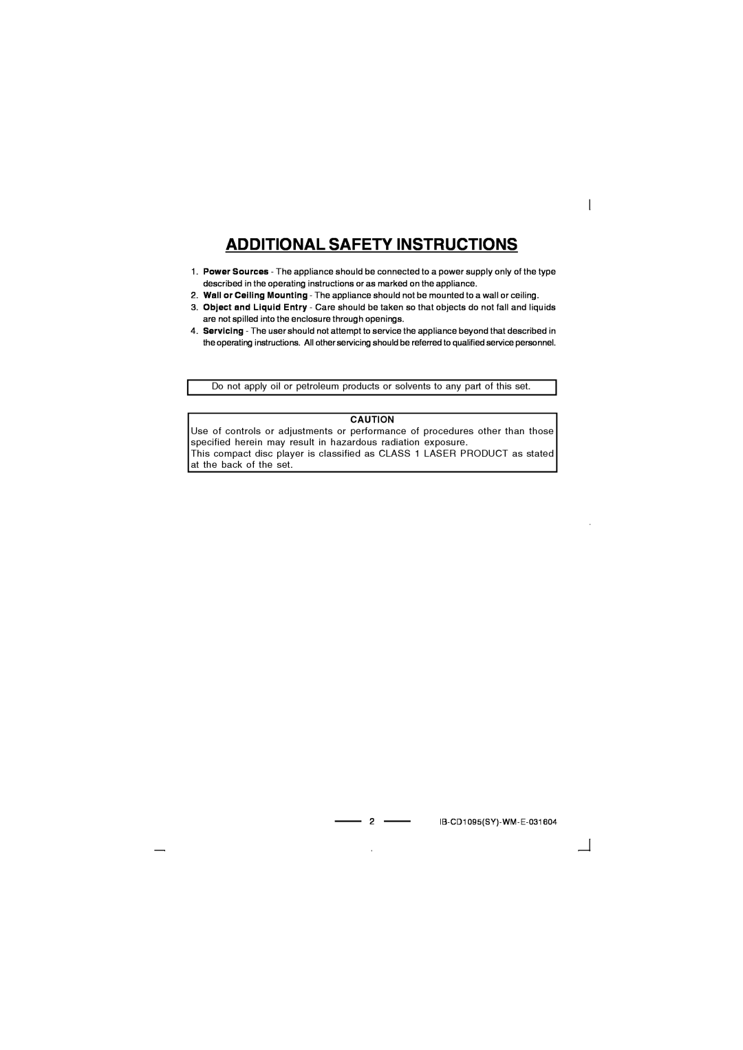 Lenoxx Electronics CD-1095 manual Additional Safety Instructions 
