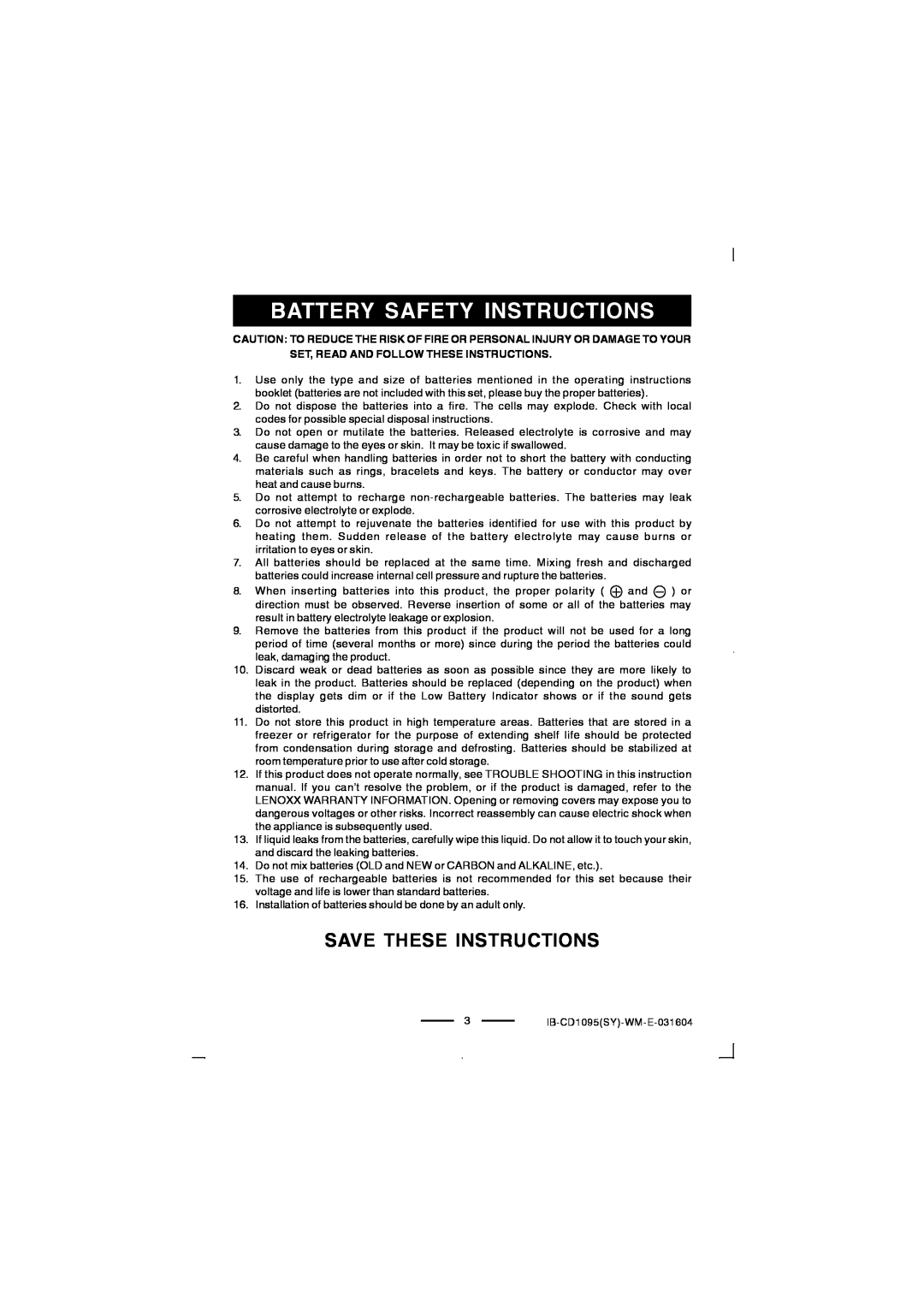 Lenoxx Electronics CD-1095 manual Save These Instructions, Battery Safety Instructions 
