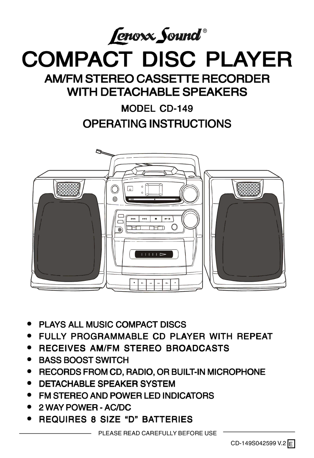 Lenoxx Electronics operating instructions Compact Disc Player, Model CD-149 