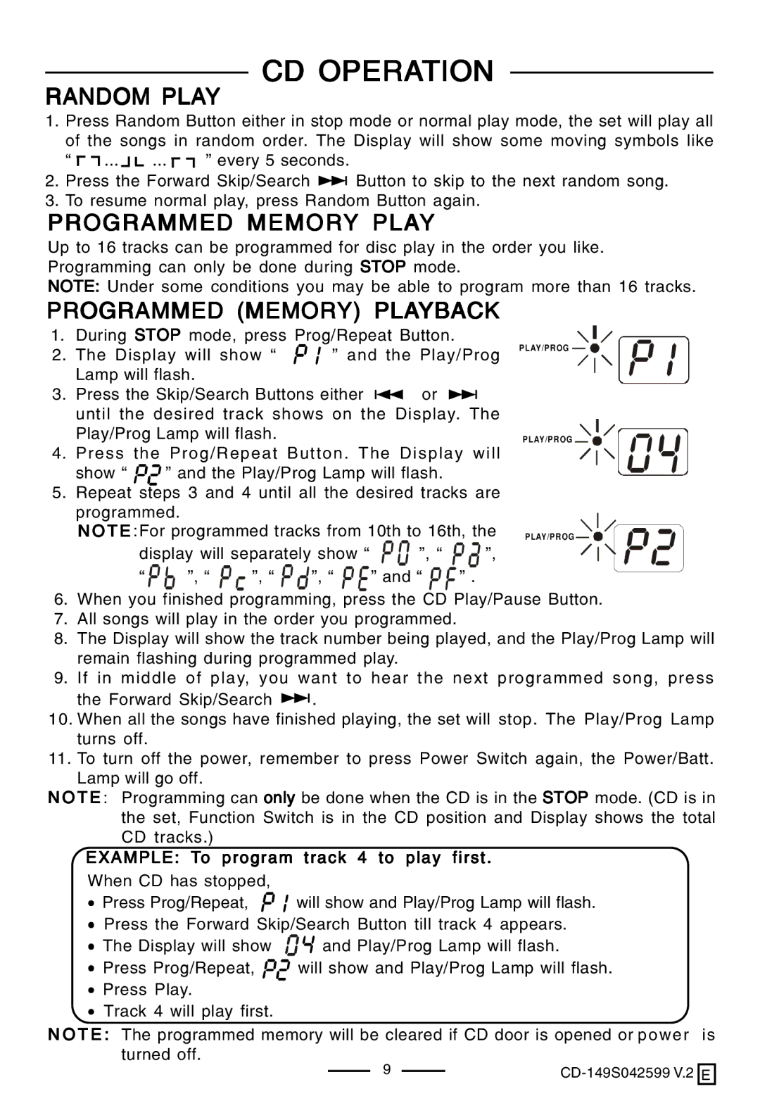 Lenoxx Electronics CD-149 operating instructions Random Play, Programmed Memory Playback 