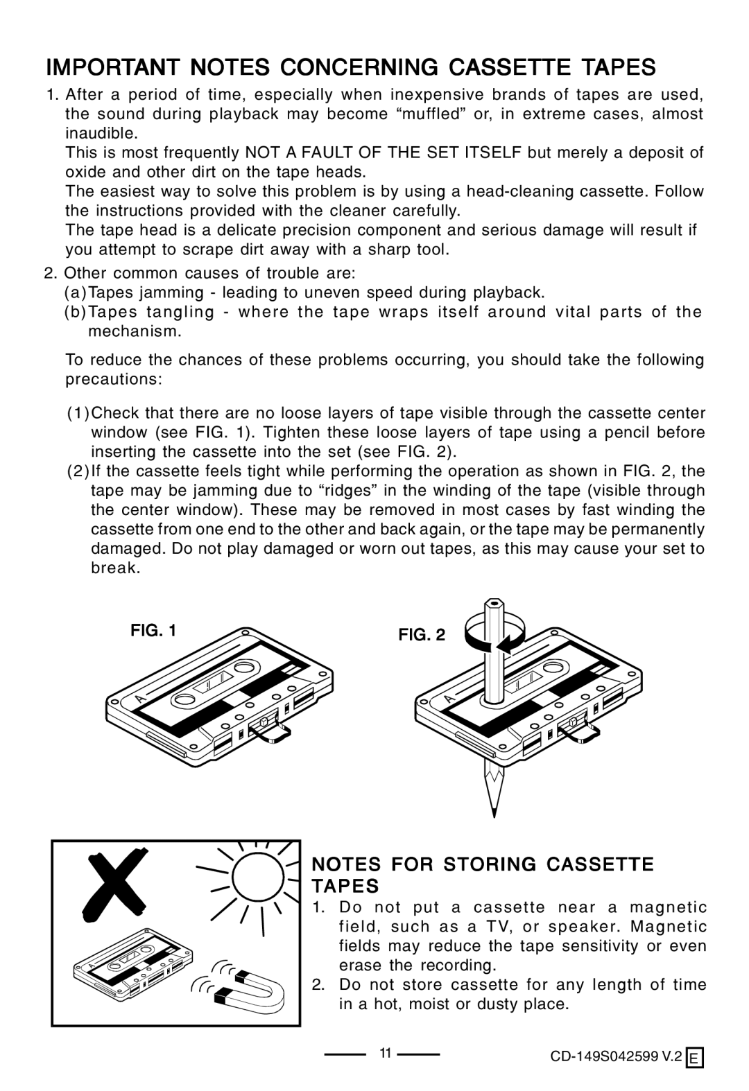 Lenoxx Electronics CD-149 operating instructions Important Notes Concerning Cassette Tapes 