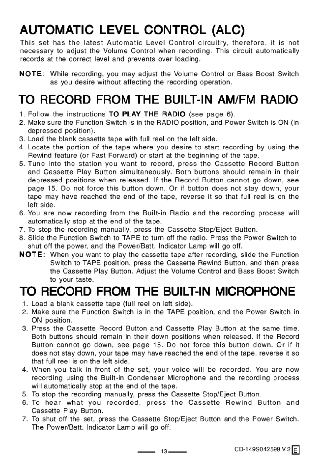 Lenoxx Electronics CD-149 operating instructions Automatic Level Control ALC, To Record from the BUILT-IN AM/FM Radio 