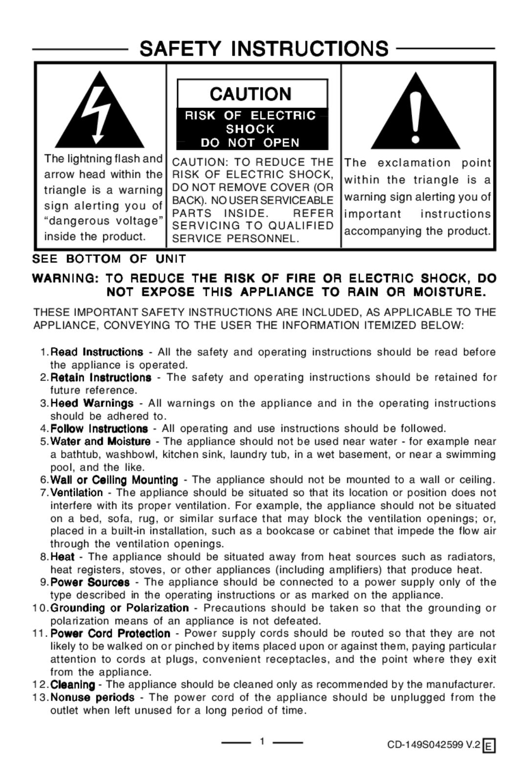 Lenoxx Electronics CD-149 operating instructions Safety Instructions, See Bottom of Unit 