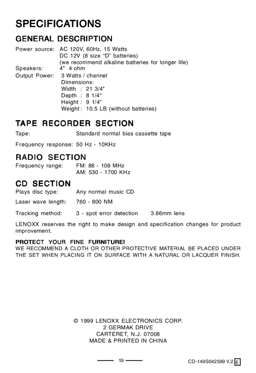 Lenoxx Electronics CD-149 Specifications, General Description, Tape Recorder Section, Radio Section, CD Section 