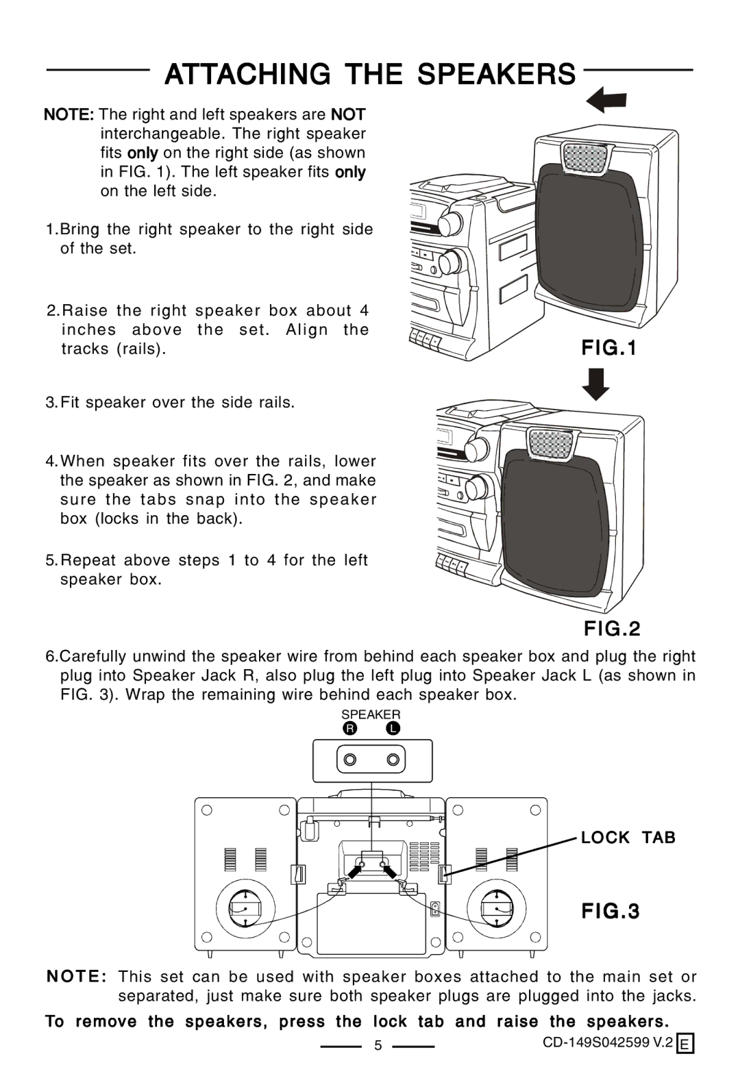 Lenoxx Electronics CD-149 operating instructions Attaching the Speakers, Lock TAB 