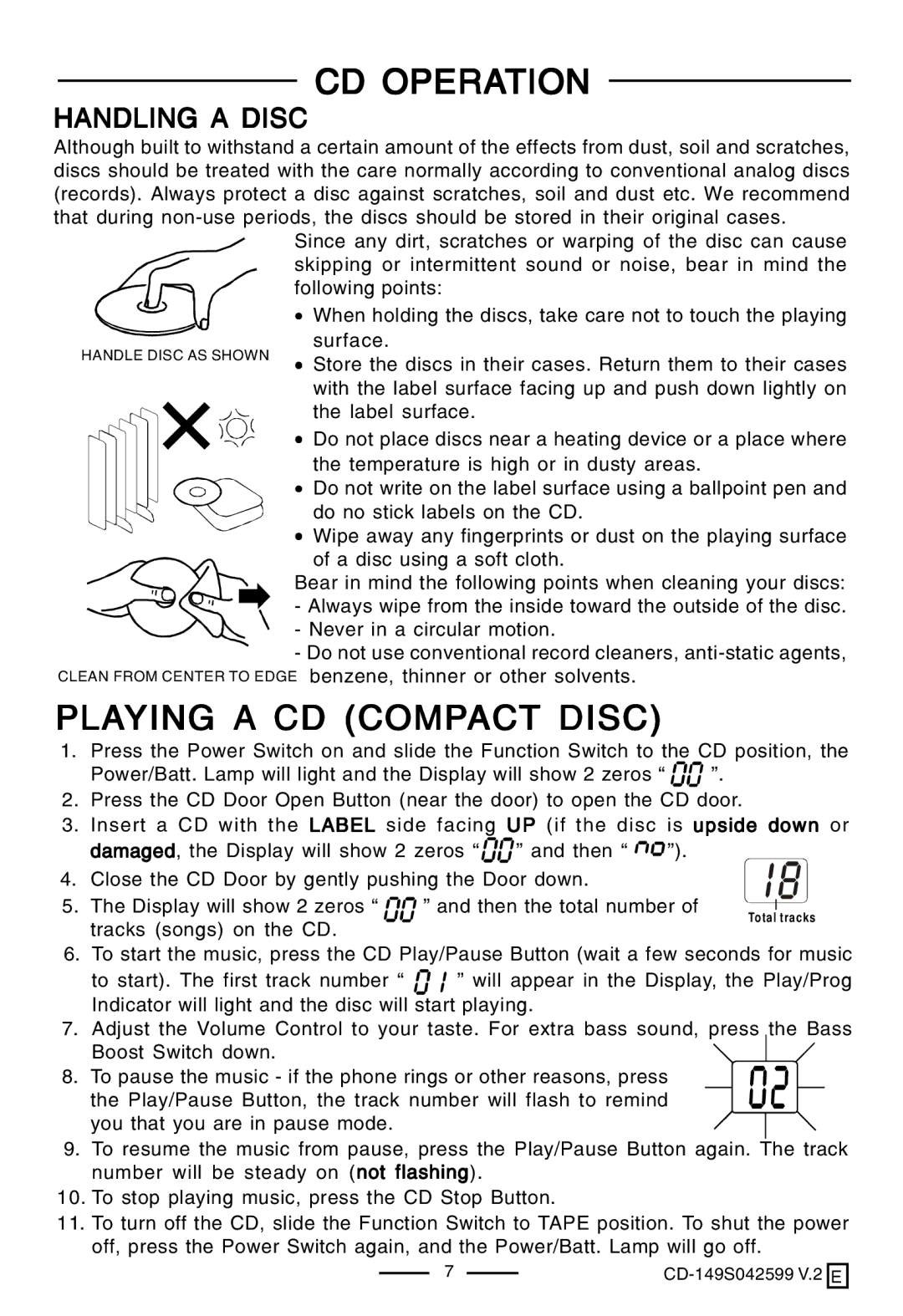 Lenoxx Electronics CD-149 operating instructions CD Operation, Playing a CD Compact Disc, Handling a Disc 