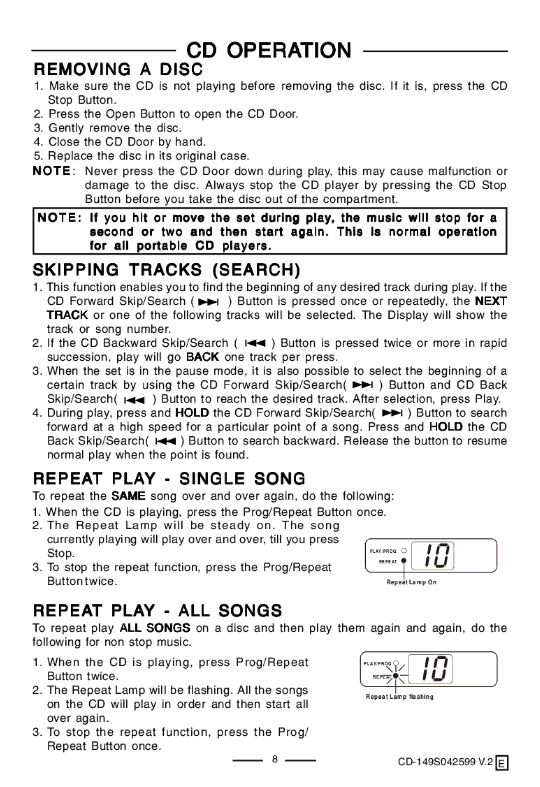 Lenoxx Electronics CD-149 Removing a Disc, Skipping Tracks Search, Repeat Play Single Song, Repeat Play ALL Songs 