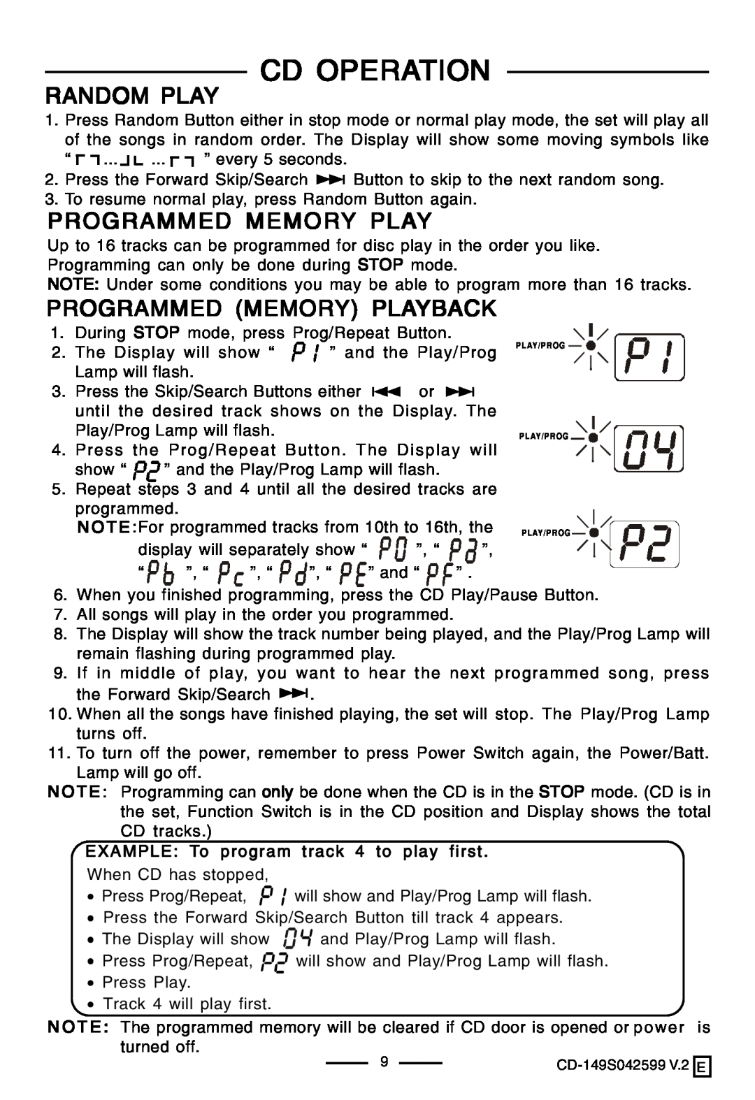 Lenoxx Electronics CD-149 operating instructions Random Play, Programmed Memory Playback, Cd Operation 