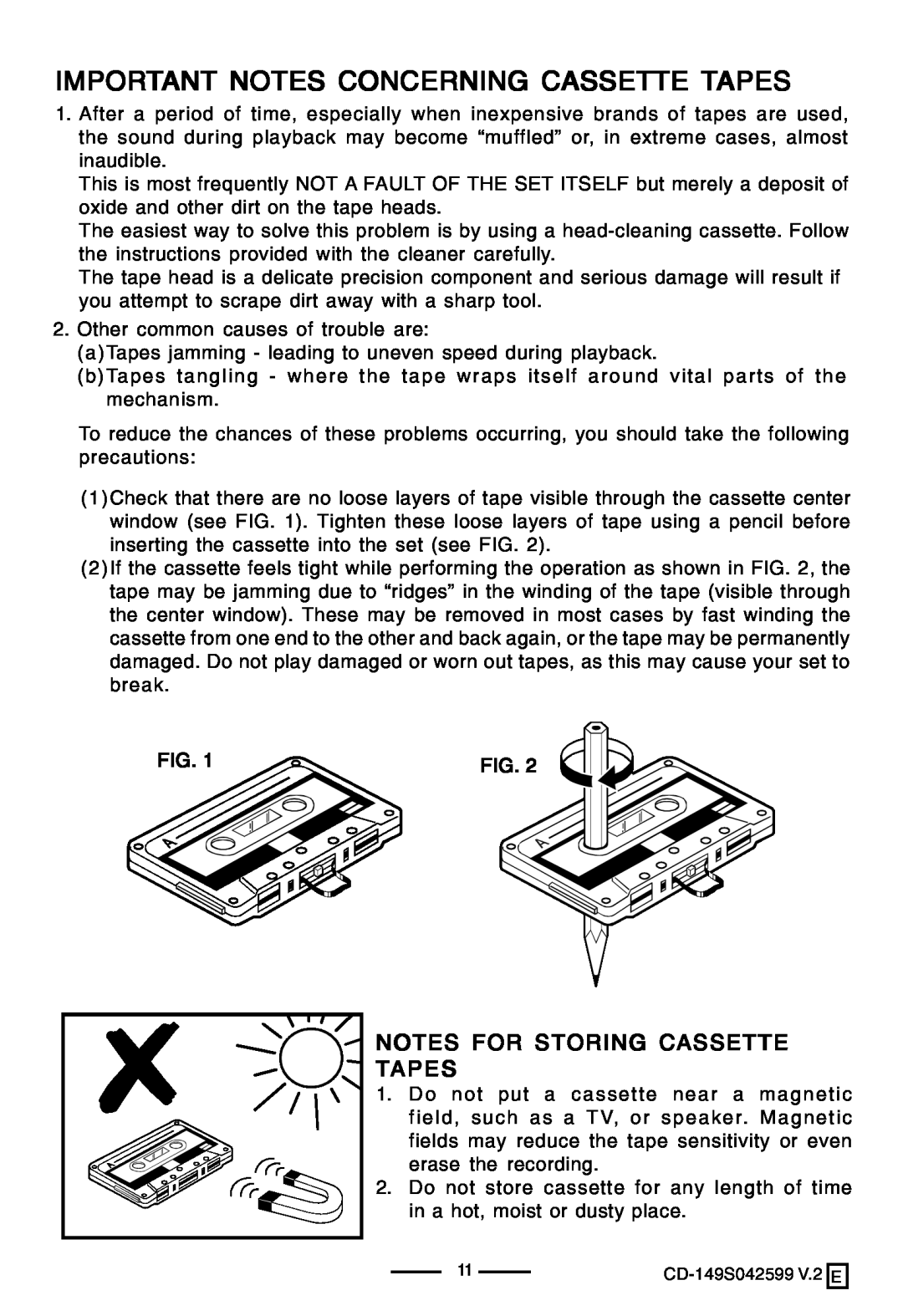 Lenoxx Electronics CD-149 Important Notes Concerning Cassette Tapes, Notes For Storing Cassette Tapes 