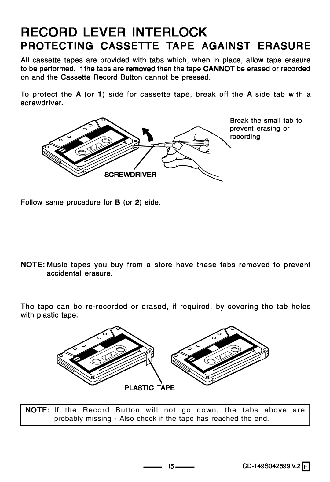 Lenoxx Electronics CD-149 operating instructions Record Lever Interlock, Protecting Cassette Tape Against Erasure 