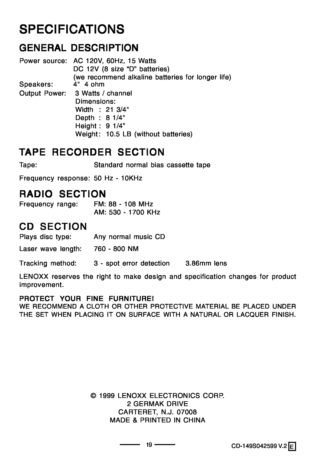 Lenoxx Electronics CD-149 Specifications, General Description, Tape Recorder Section, Radio Section, Cd Section 