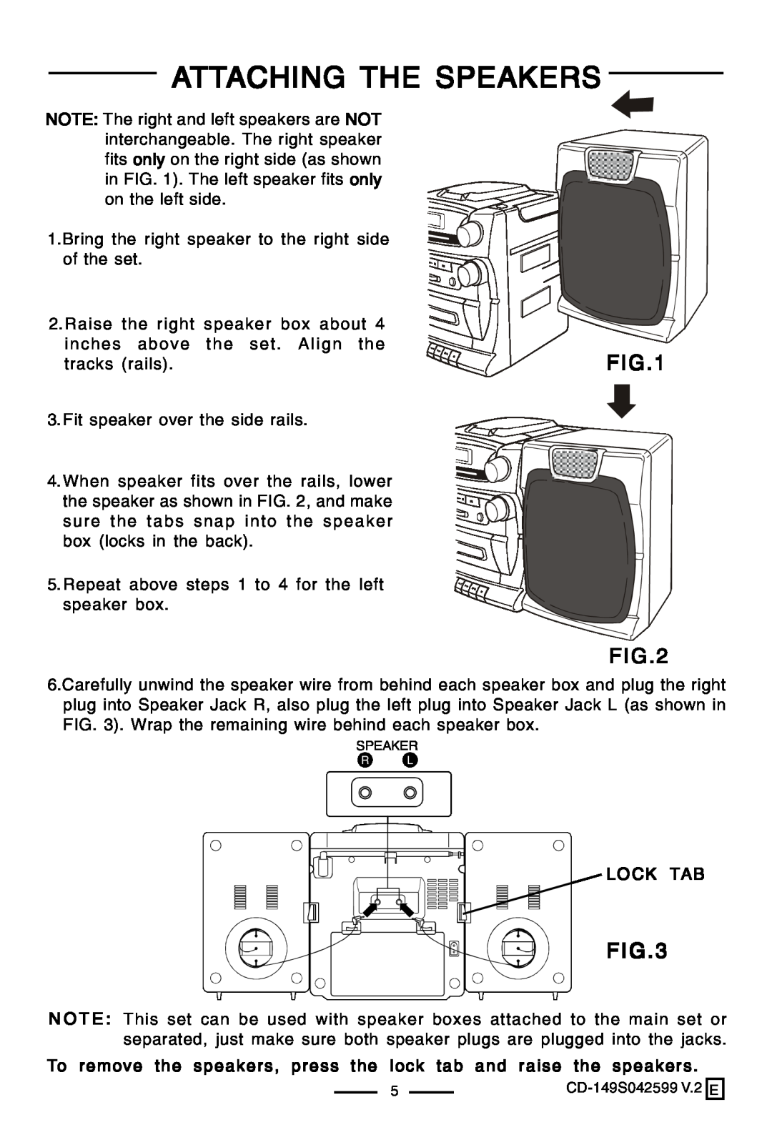 Lenoxx Electronics CD-149 operating instructions Attaching The Speakers, Lock Tab 