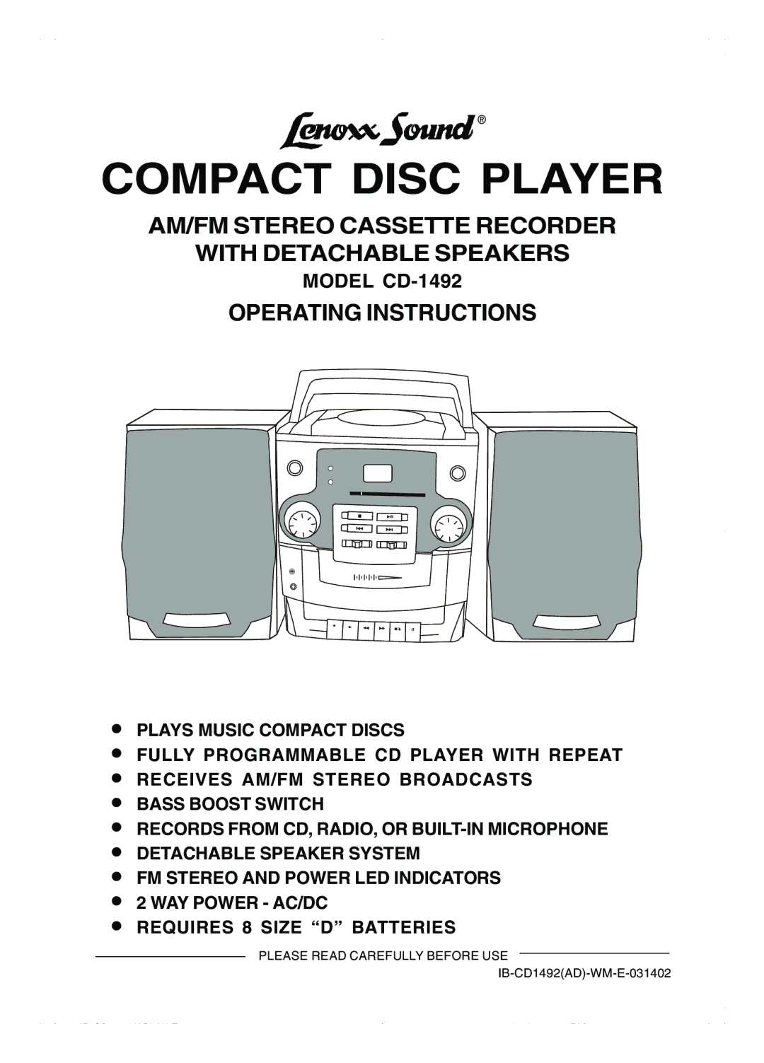 Lenoxx Electronics operating instructions Compact Disc Player, Model CD-1492 