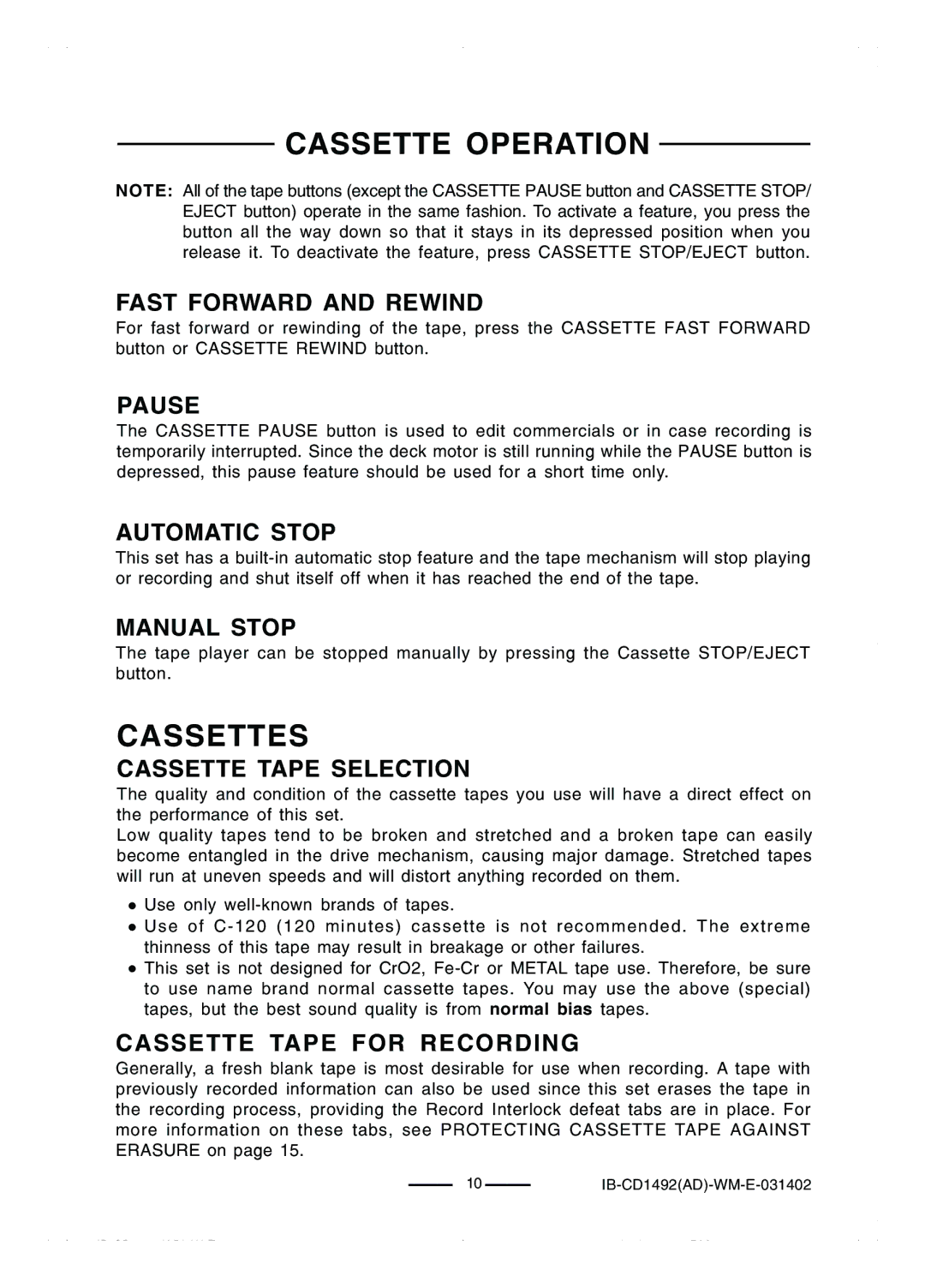 Lenoxx Electronics CD-1492 operating instructions Cassette Operation, Cassettes 