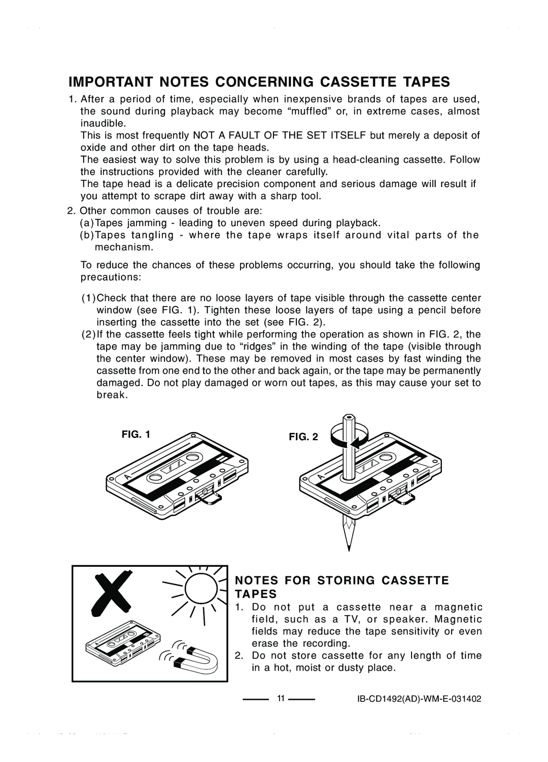 Lenoxx Electronics CD-1492 operating instructions Important Notes Concerning Cassette Tapes 