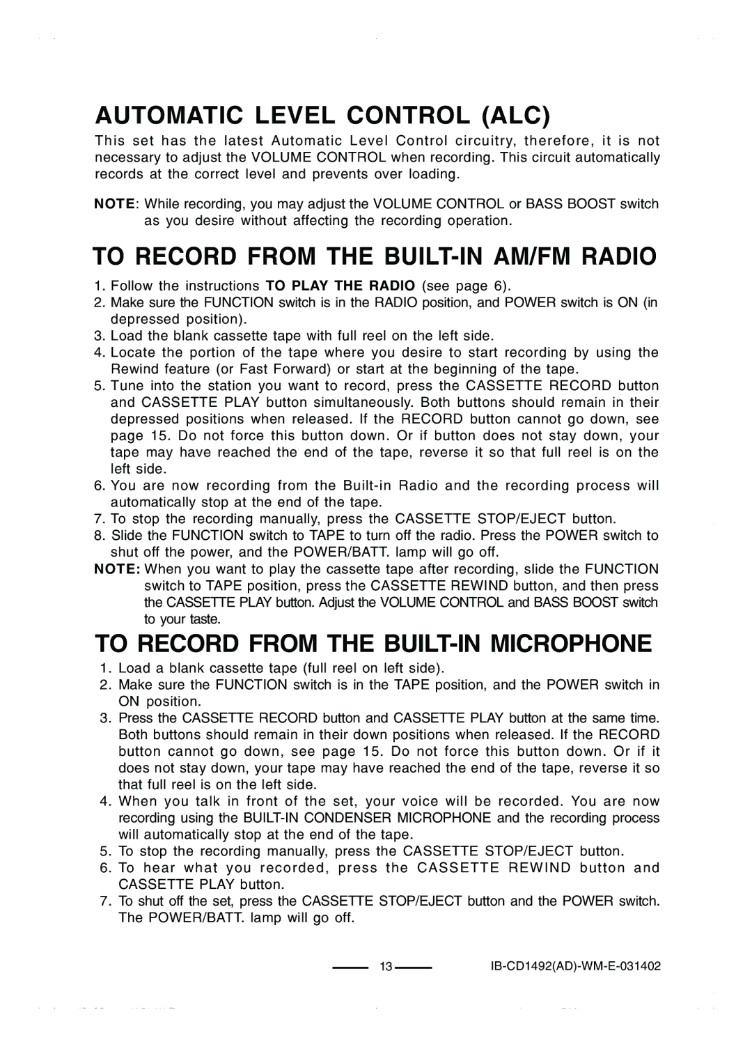 Lenoxx Electronics CD-1492 operating instructions Automatic Level Control ALC, To Record from the BUILT-IN AM/FM Radio 