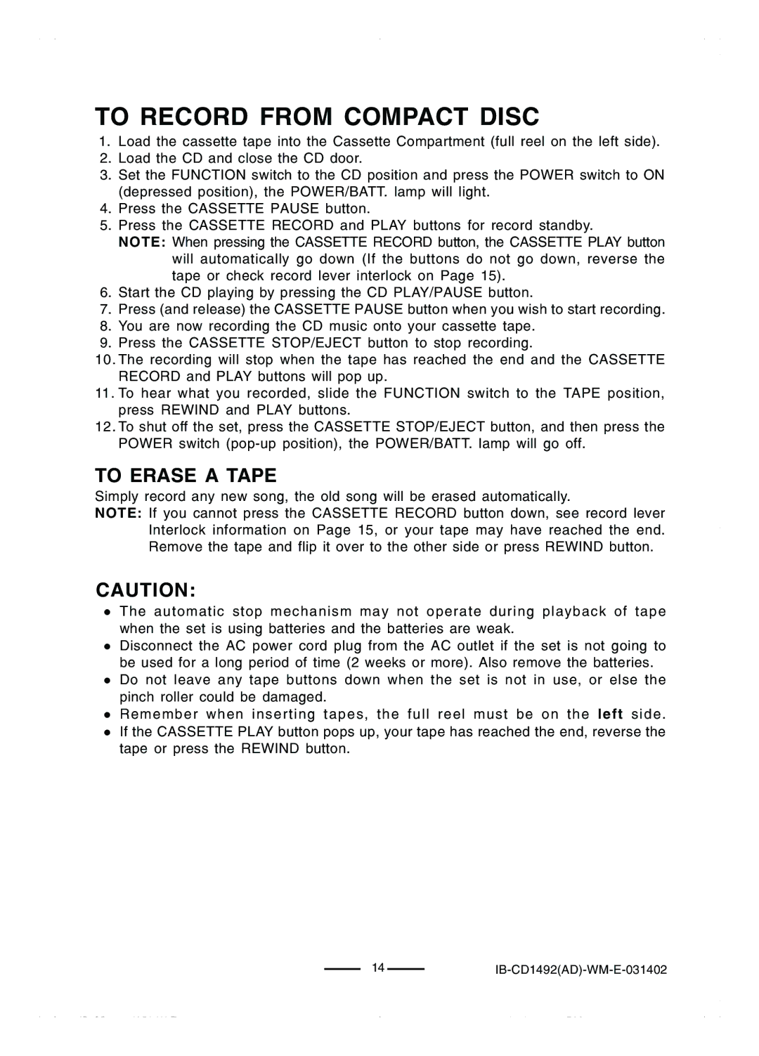 Lenoxx Electronics CD-1492 operating instructions To Record from Compact Disc, To Erase a Tape 