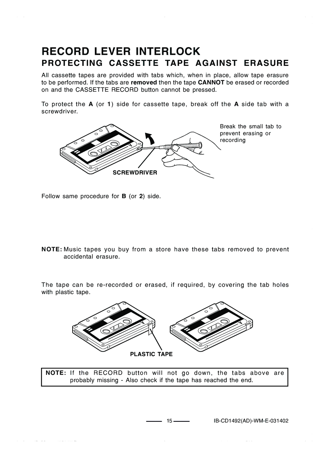 Lenoxx Electronics CD-1492 operating instructions Record Lever Interlock, Protecting Cassette Tape Against Erasure 