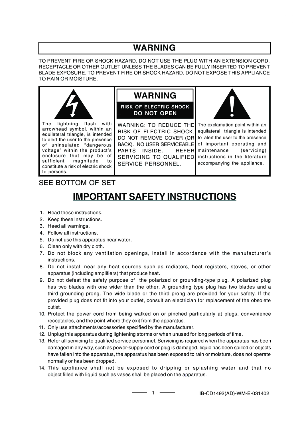 Lenoxx Electronics CD-1492 operating instructions Important Safety Instructions 