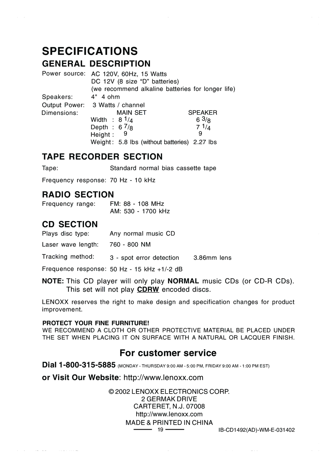 Lenoxx Electronics CD-1492 Specifications, General Description, Tape Recorder Section, Radio Section, CD Section 