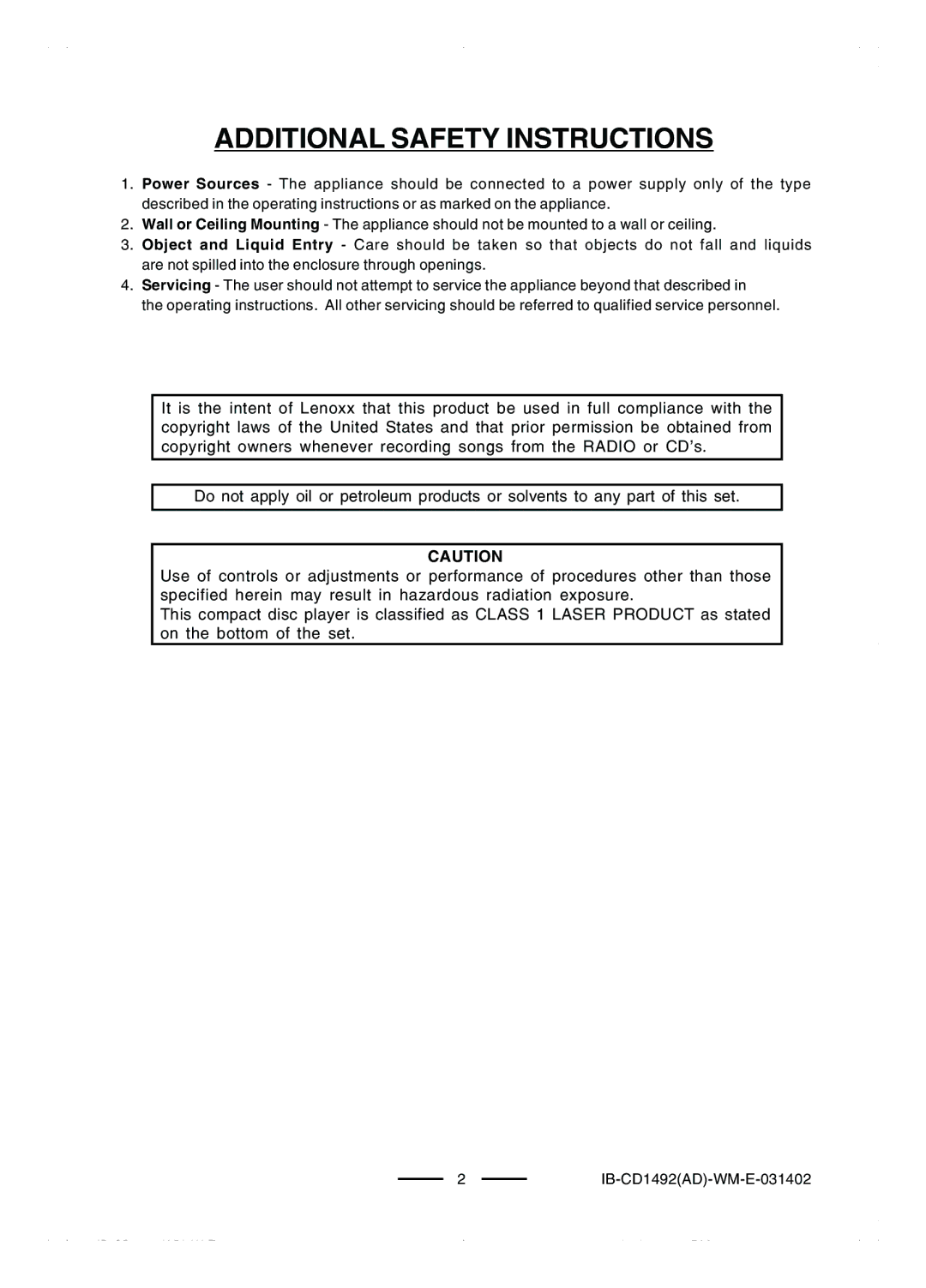 Lenoxx Electronics CD-1492 operating instructions Additional Safety Instructions 