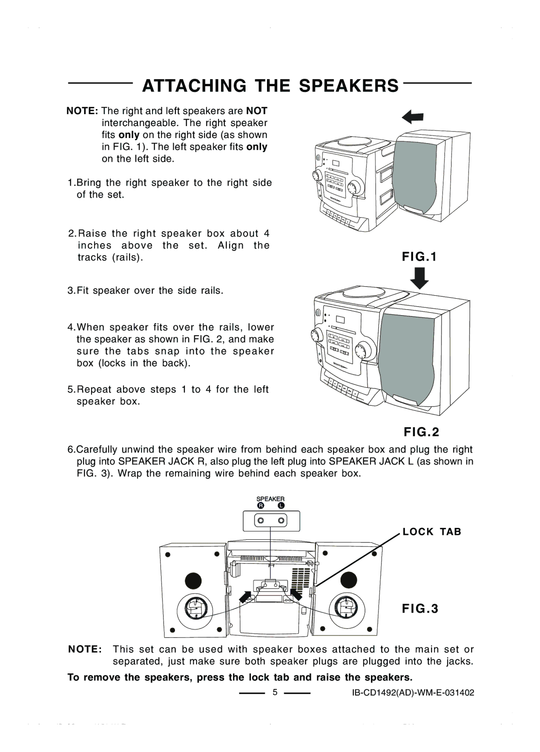 Lenoxx Electronics CD-1492 operating instructions Attaching the Speakers, Lock TAB 