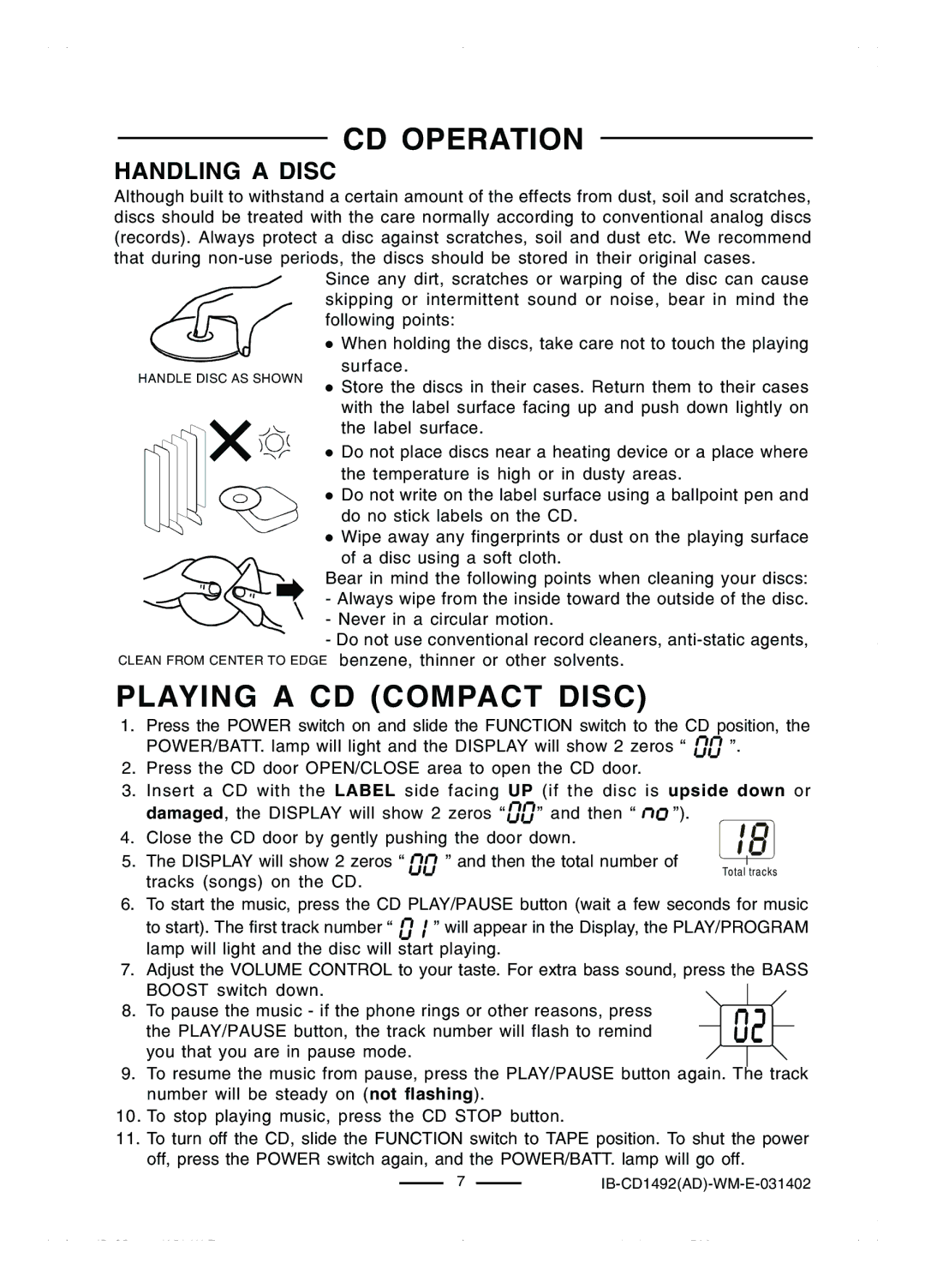 Lenoxx Electronics CD-1492 operating instructions CD Operation, Playing a CD Compact Disc, Handling a Disc 