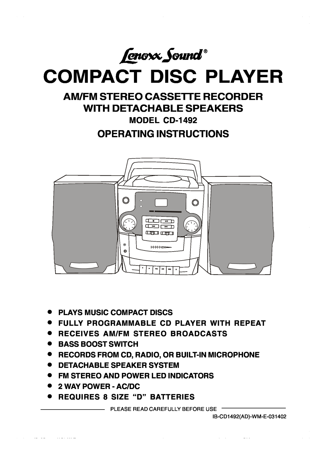 Lenoxx Electronics operating instructions Am/Fm Stereo Cassette Recorder, With Detachable Speakers, MODEL CD-1492 