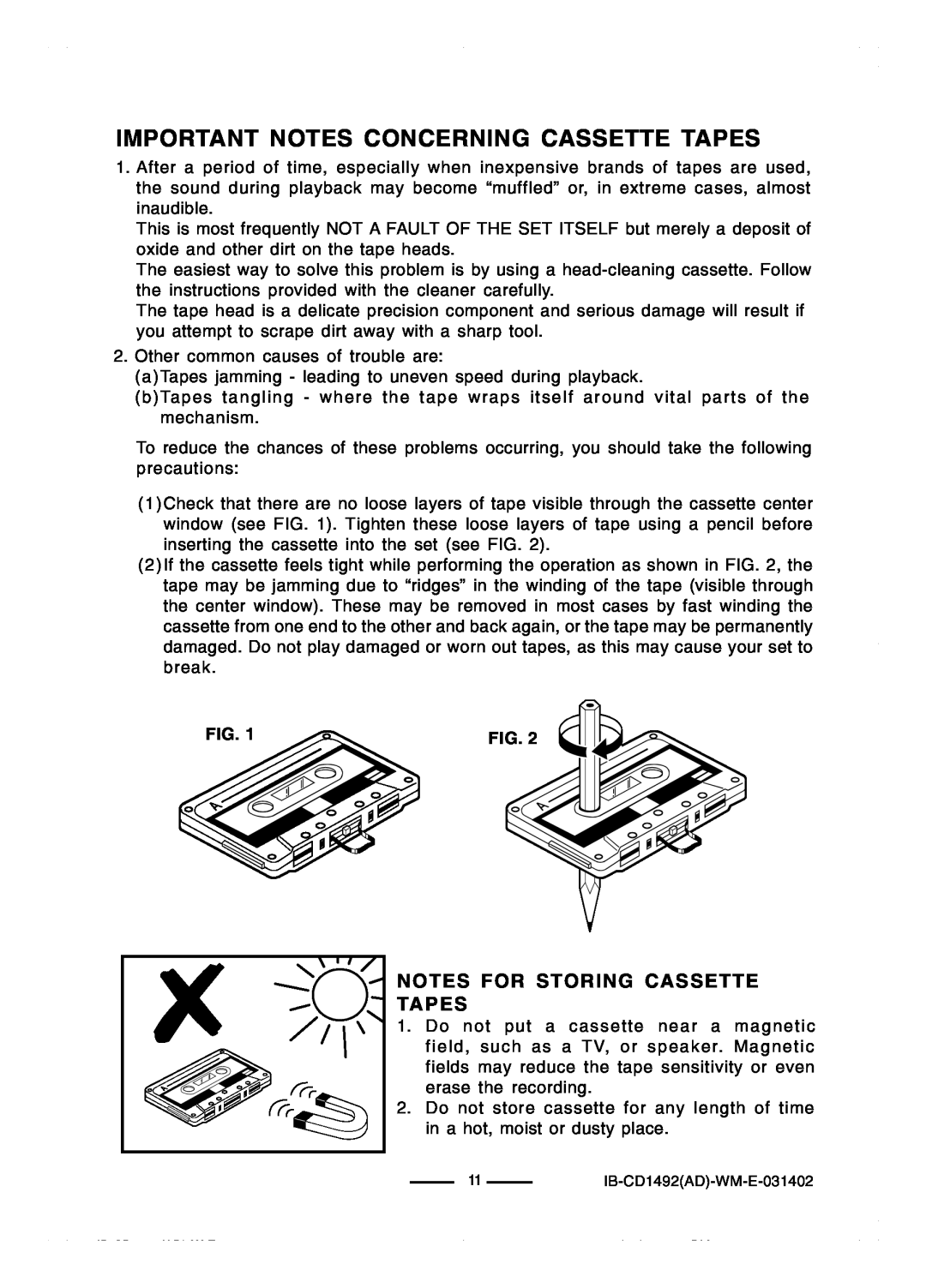 Lenoxx Electronics CD-1492 Important Notes Concerning Cassette Tapes, Notes For Storing Cassette Tapes 