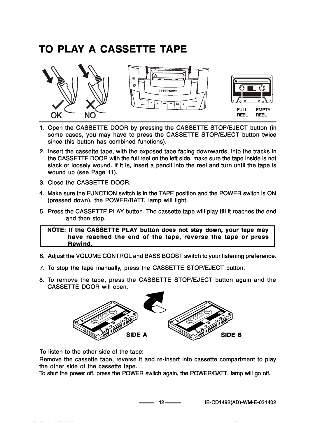 Lenoxx Electronics CD-1492 operating instructions To Play A Cassette Tape 
