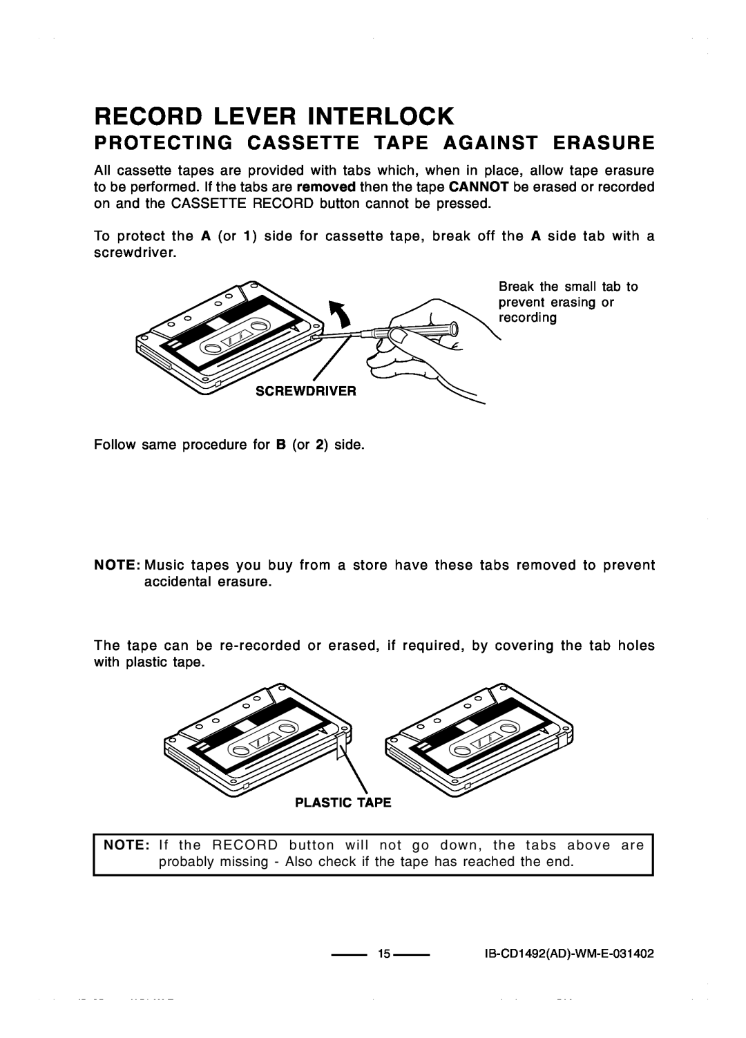 Lenoxx Electronics CD-1492 operating instructions Record Lever Interlock, Protecting Cassette Tape Against Erasure 